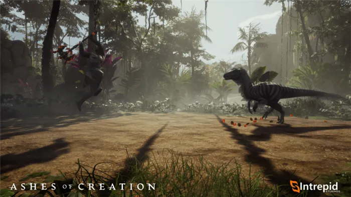 Внутриигровой снимок экрана из Ashes of Creation, на котором изображен фантастический воин, прыгающий с боевым топором на велоцираптора в джунглях.