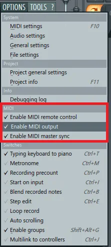 MIDI устройство опции
