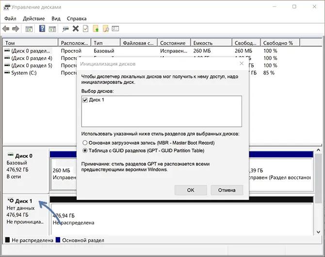Инициализация твердотельных накопителей в управлении дисками Windows 10