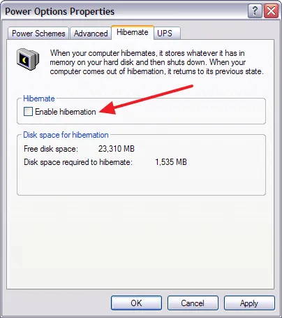 Удаление файла hiberfil.sys в Windows XP