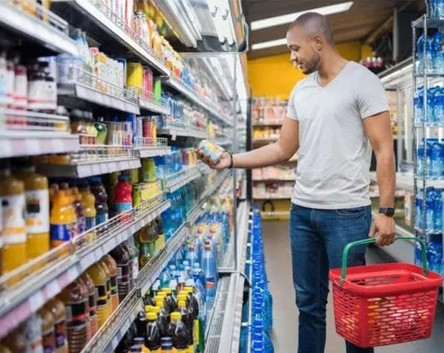 Мужчина с тележкой для покупок в супермаркете.