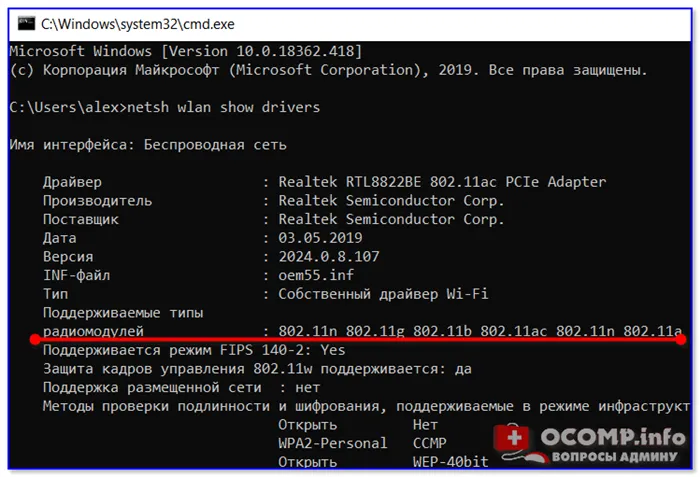 Поддерживаемые типы беспроводных модулей (netsh wlan show drivers)