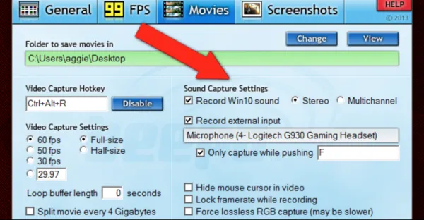 Выберите параметры видео 'FPS' и аудио.