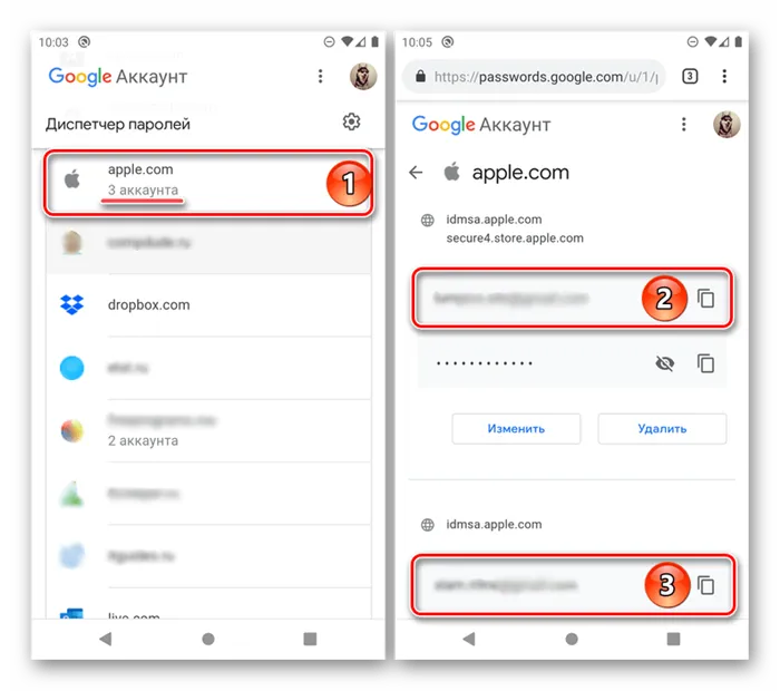 Пароли от разных аккаунтов в Диспетчере паролей от Google в браузере на Android