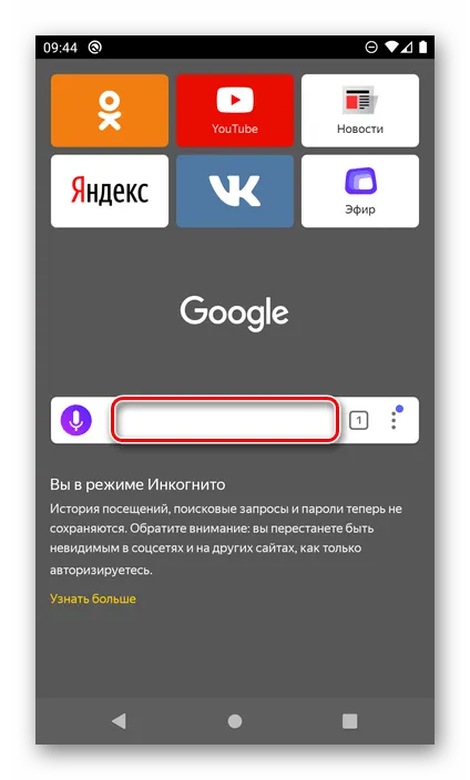 Работа в режиме инкогнито в Яндекс.Браузере на Android