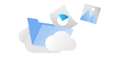 Папка, окруженная облаками и документами, такими как диаграммы и рисунки