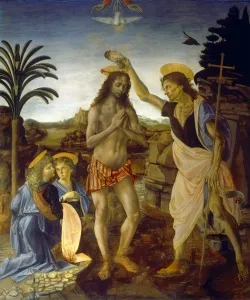 По мнению искусствоведов, болонский терьер у подножия ангела принадлежит кисти Леонардо. Андреа дель Верроккьо.