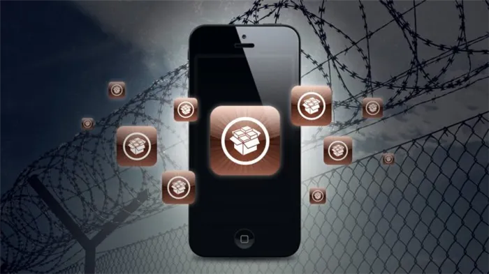 Значок Jailbreak на смартфоне на фоне колючей проволоки