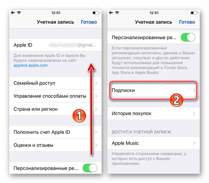Настройки iOS - просмотр параметров Apple ID - раздел Подписки