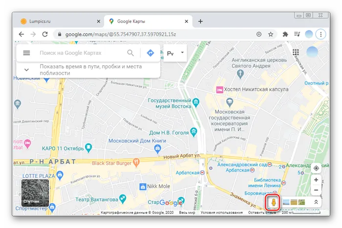 Выбор области для просмотра панорамного режима в ПК-версии Гугл Карты