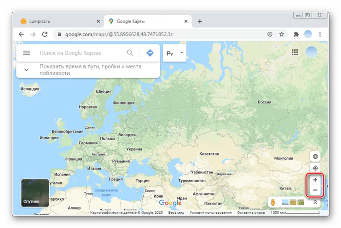Масштабирование карты для просмотра панорамных фотографий в ПК-версии Гугл Карты
