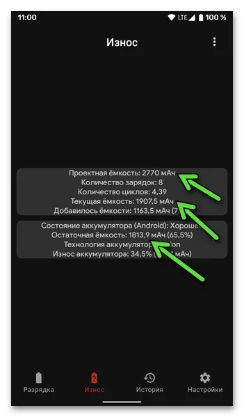 Отображение информации о состоянии батареи в приложении Capacity Information на телефоне Android