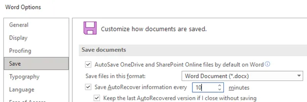 Снимок экрана с разделом параметров Word «Сохранение документов» с установленным флажком «Автосохранение каждые 10 минут».