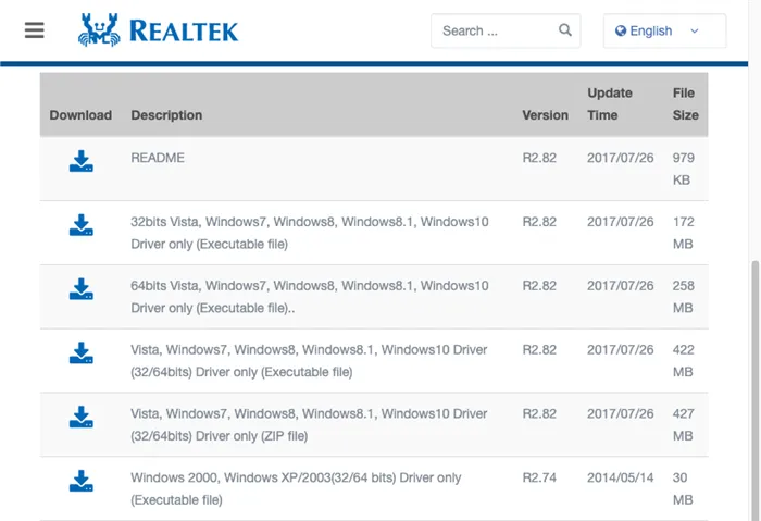 Загрузите драйвер с веб-сайта Realtek
