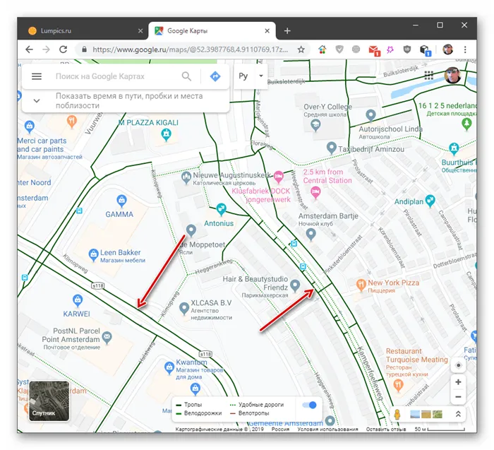 Отображение велосипедных дорожек в настольной версии Google Maps