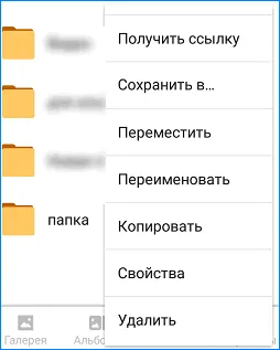 Выберите действие для новой папки в мобильном приложении облака MIL.ru