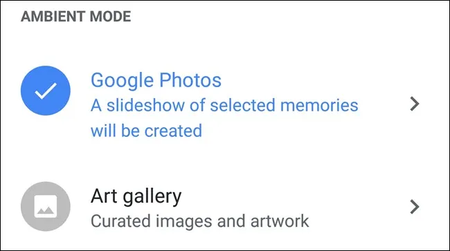 Настройки Google Home Ambient Mode с выбранными Google Фото.
